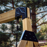 Powder-coated steel bracket joining the Canyon Creek swing beam to its A-frame legs